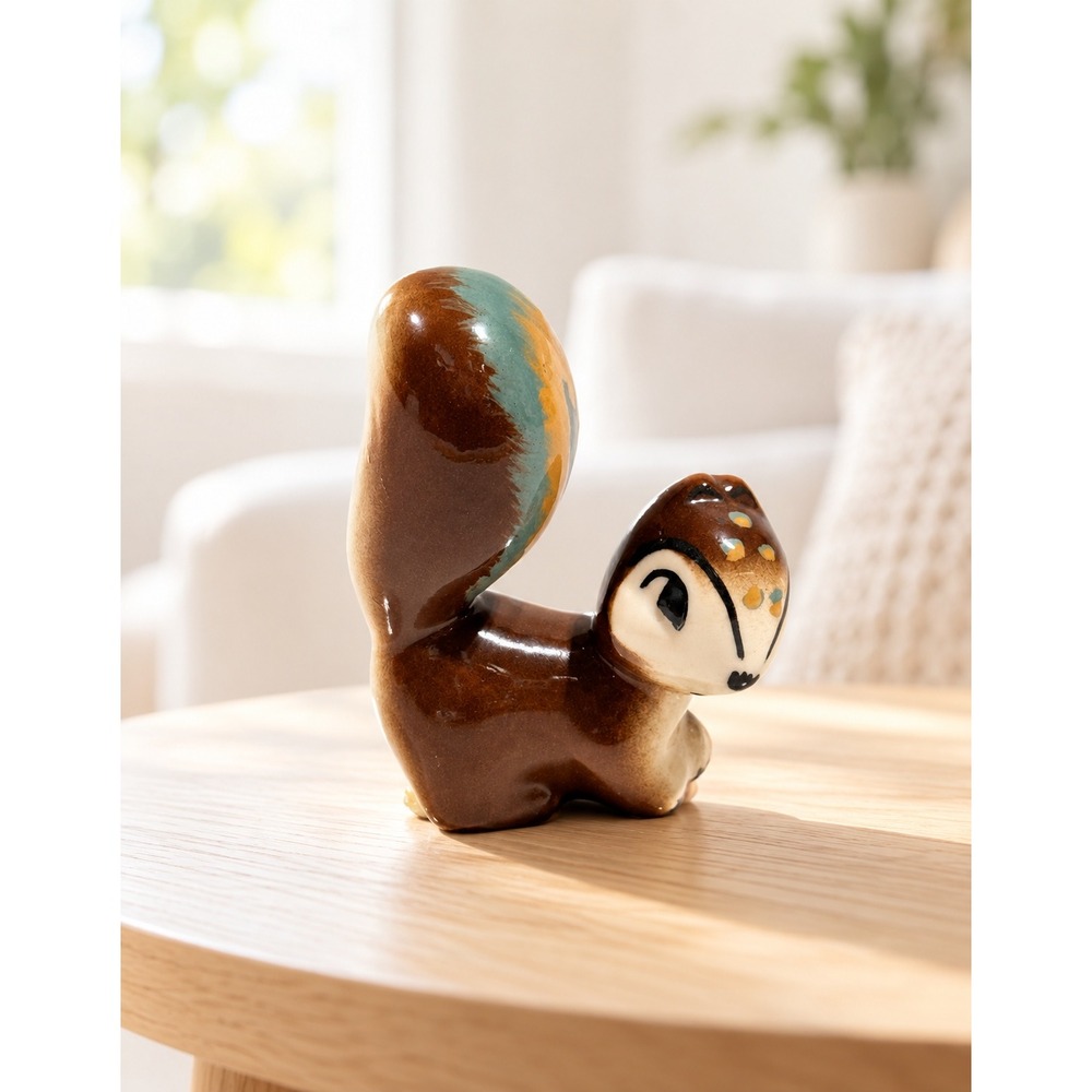 Vintage Ceramic Squirrel Figurine - Brown Teal Drip Glaze Miniature - 3" tall